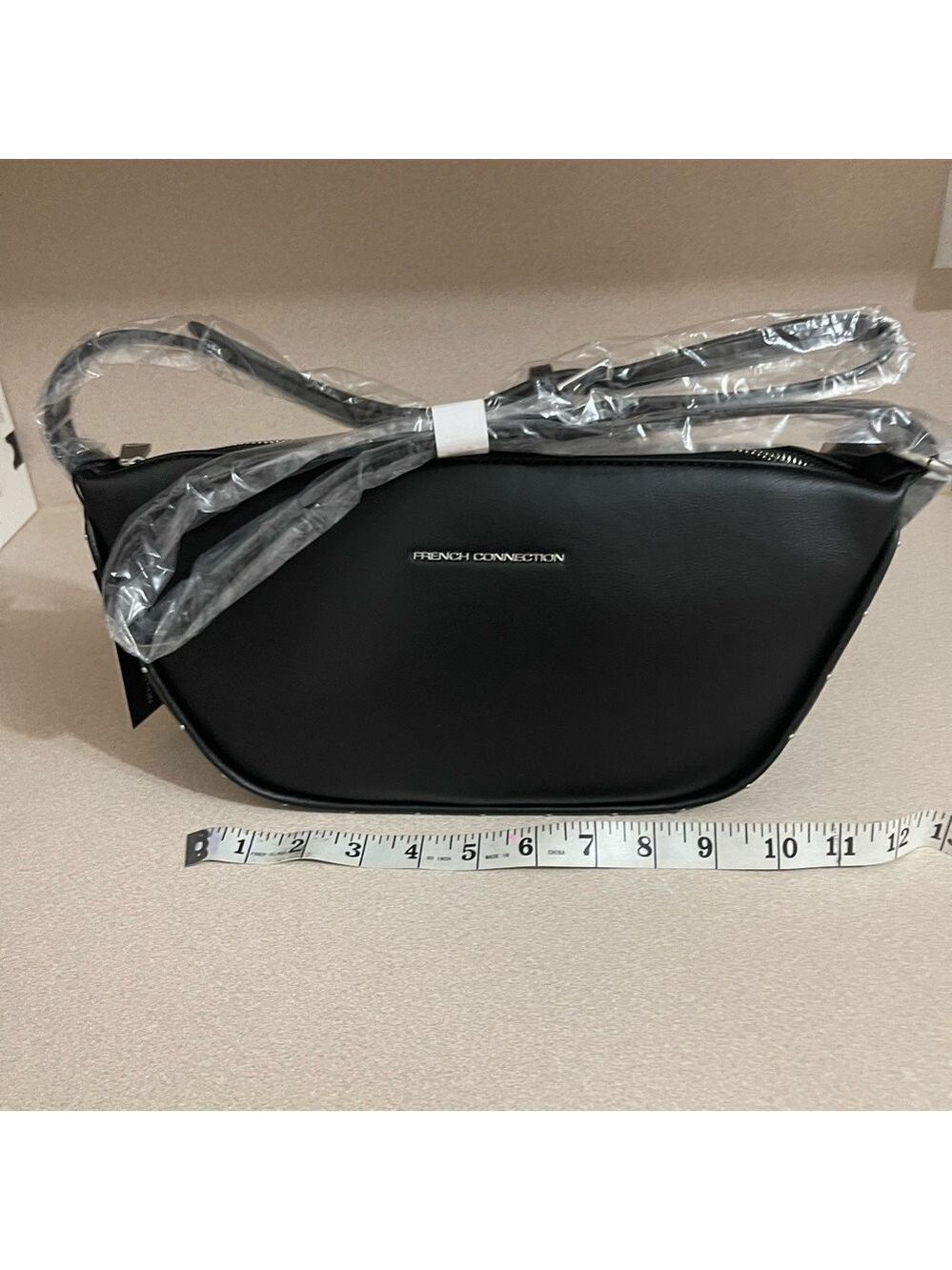French Connection Black Crossbody Purse with Silver Logo-Smooth NEW